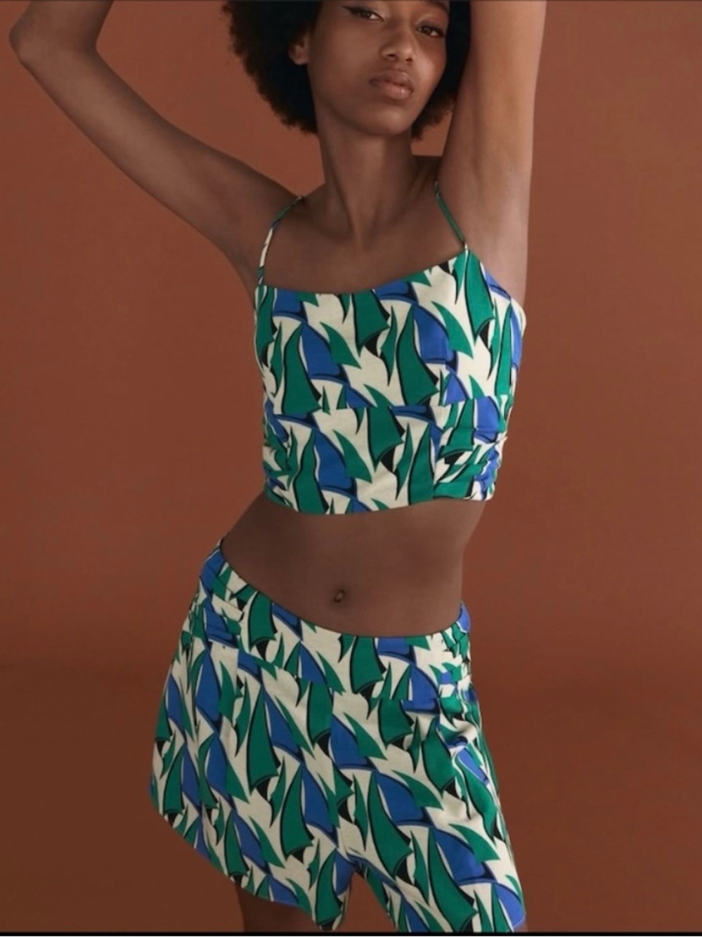 Zara Green Blue and Cream Printed Shorts Set